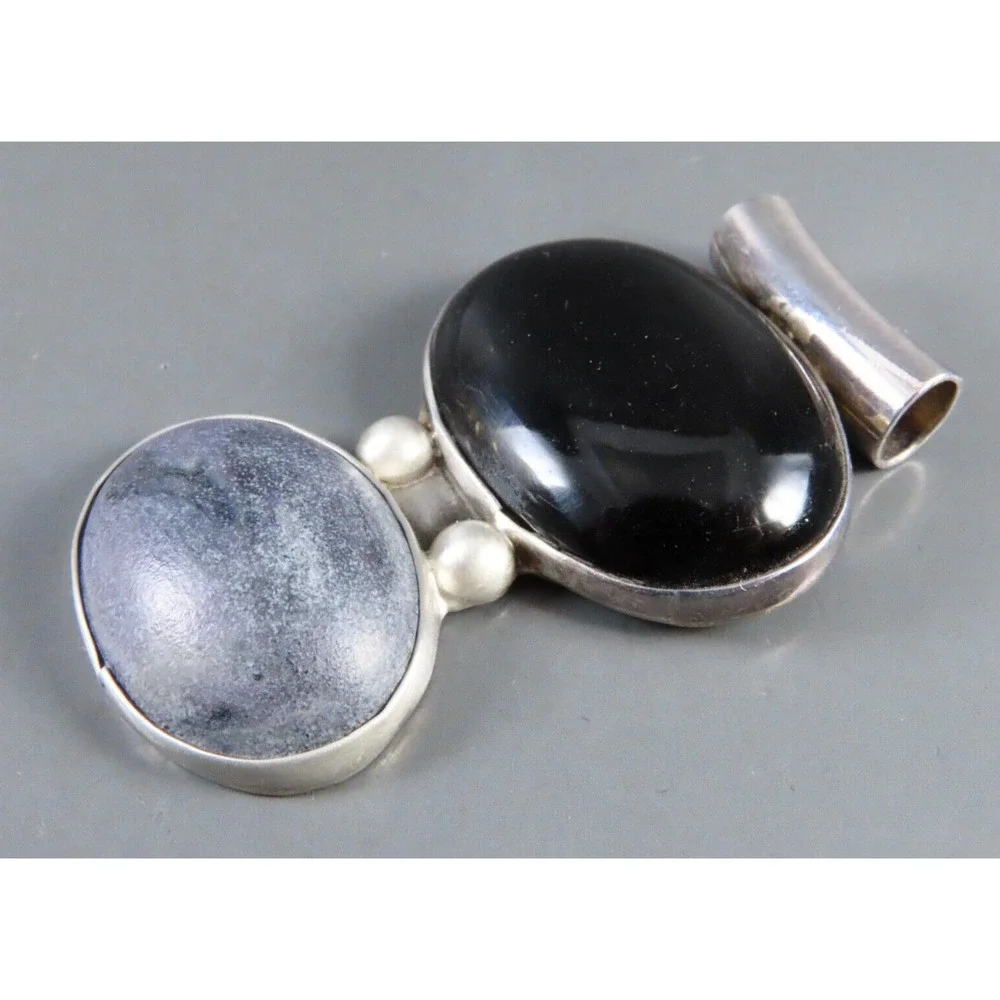 STERLING SILVER PENDANT Black Onyx & Gray Jasper? EAST/WEST OVALS Slide Bale